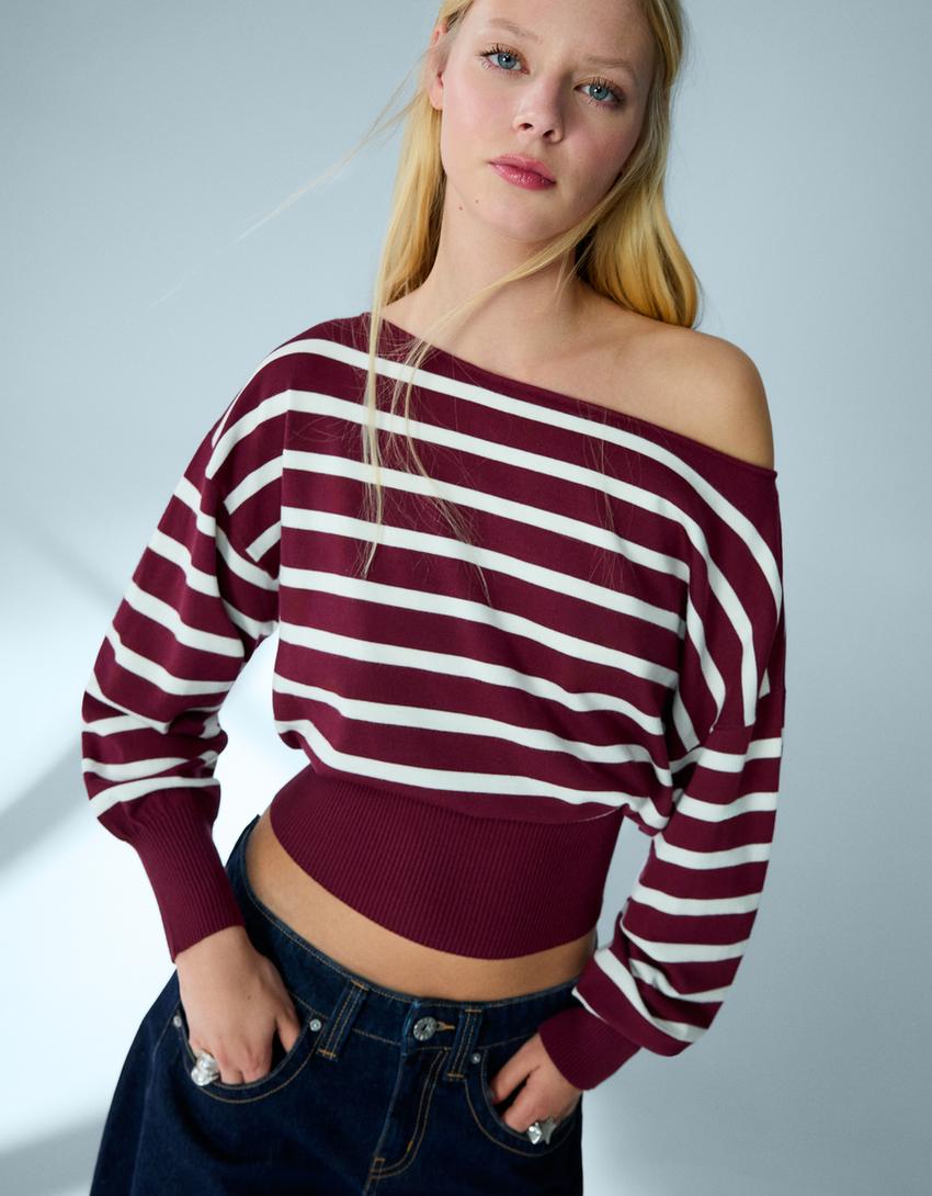 Asymmetric print sweater-Burgundy