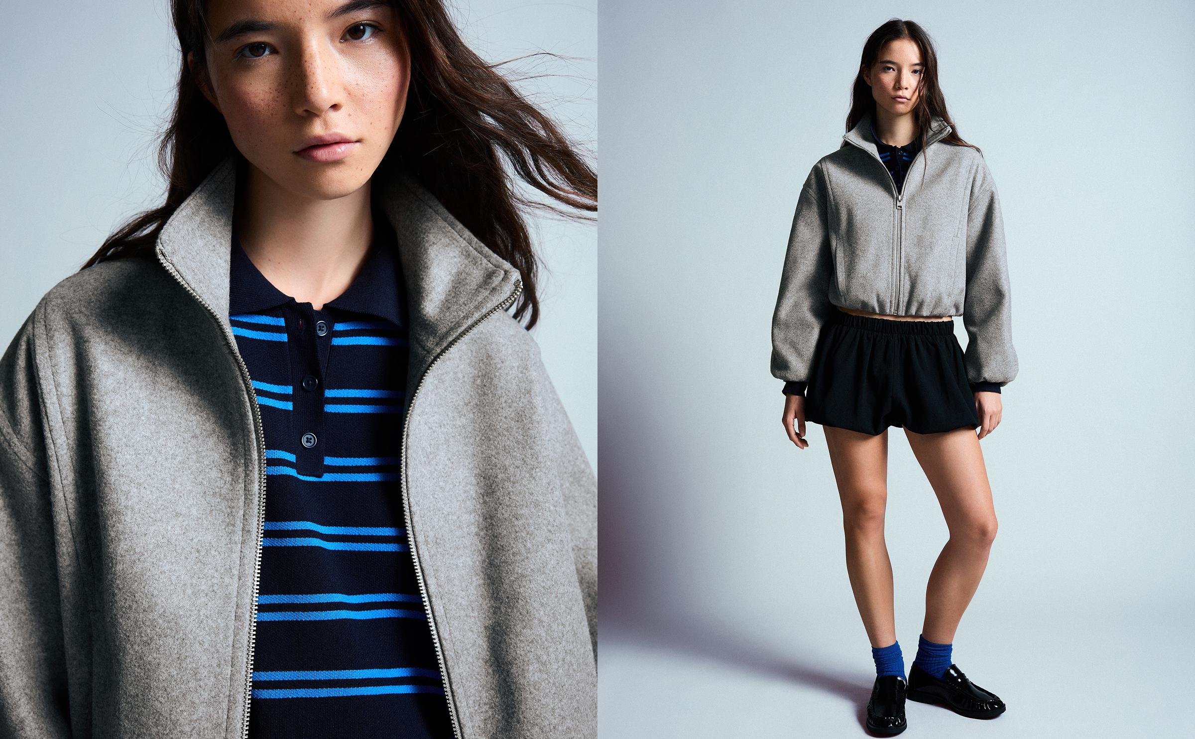 Felt-effect jacket with gathered hem — Grey