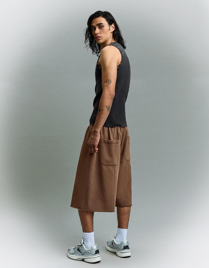 Jogger fit şardonlu bermuda-Kahverengi