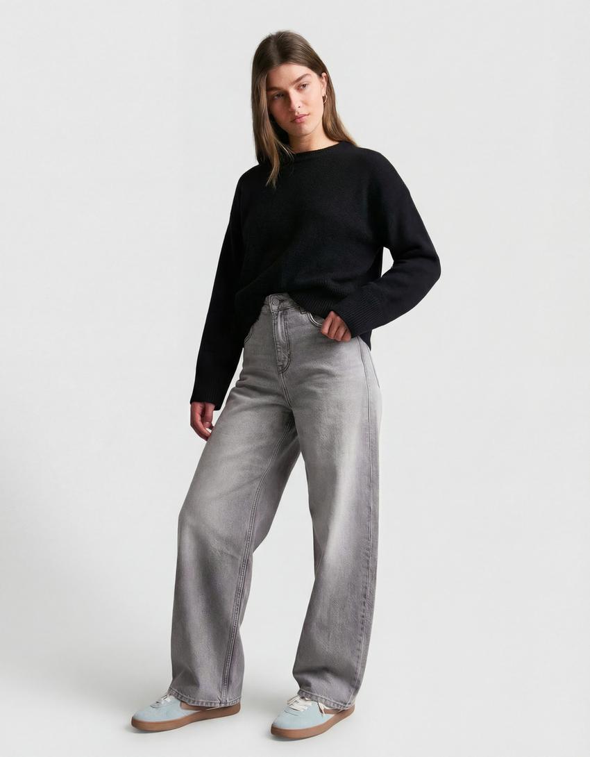 Jeans barrel fit vita alta-Grigio