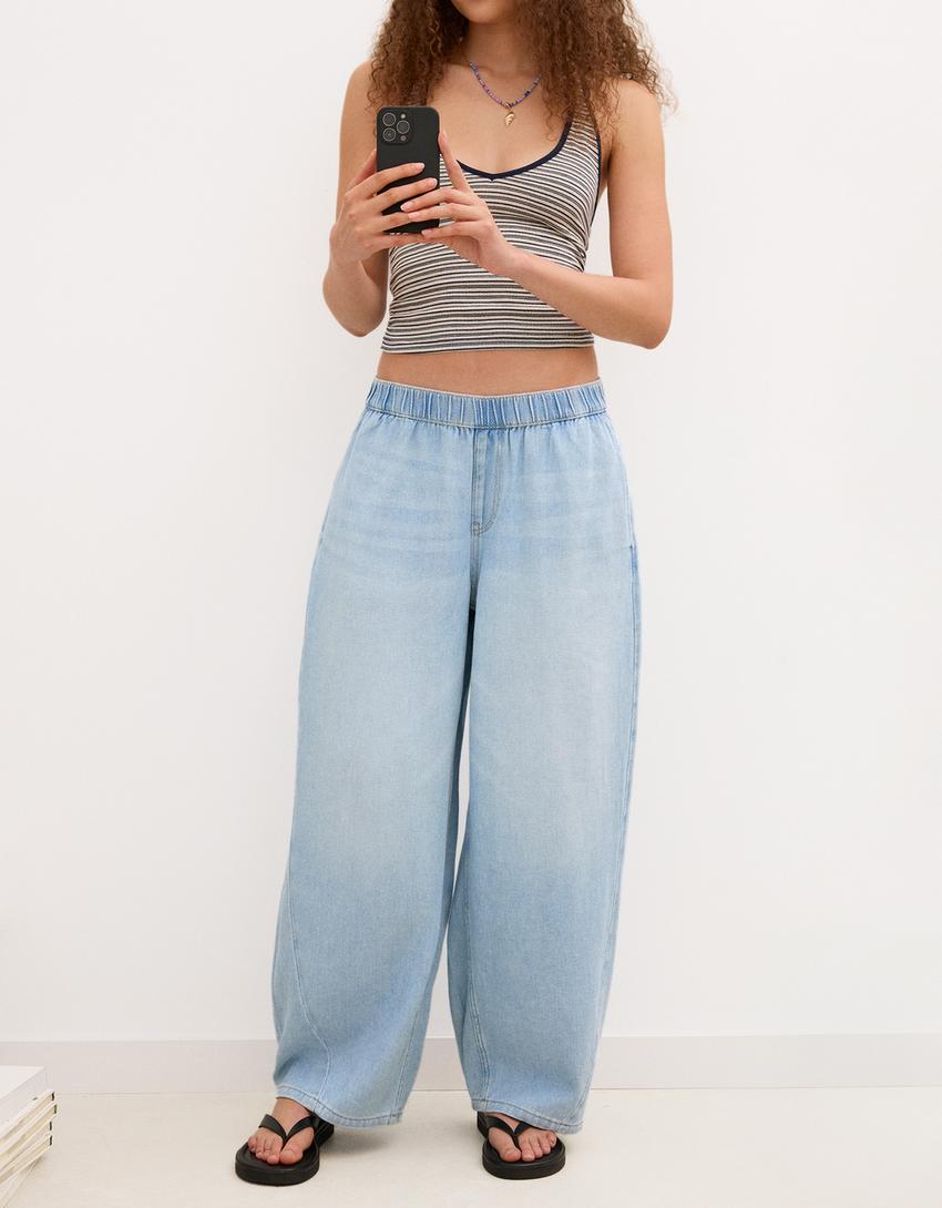 Barrel jeans with elasticated waistband-Light blue