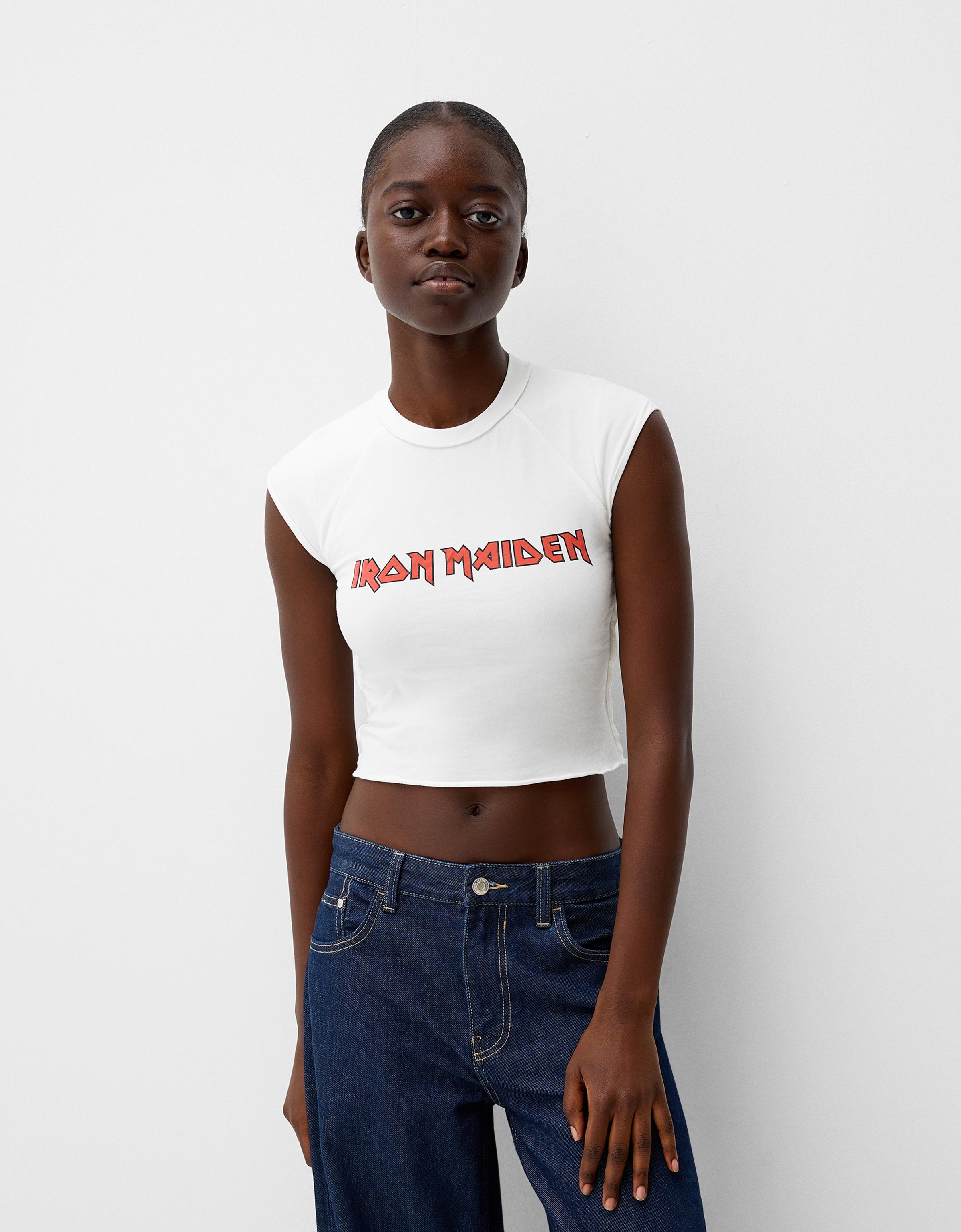 Bershka Cropped-Shirt Iron Maiden Mit Kurzen Ärmeln Damen L Weiss