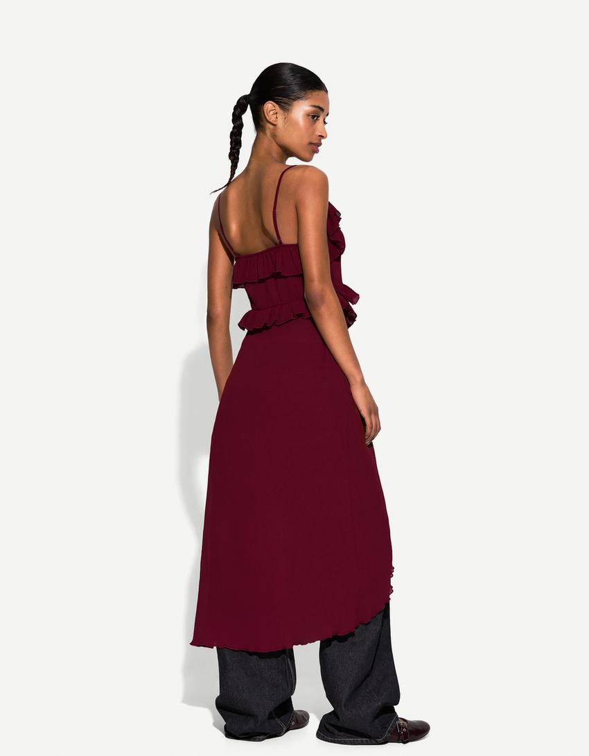 Extra-long textured top with buttons-Maroon-2