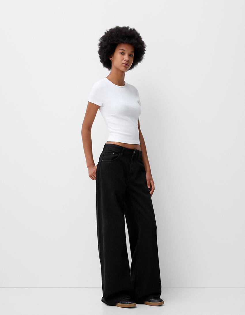 Bershka Pantalon Negro Apretado Wide Leg Mono Negro Ajustado