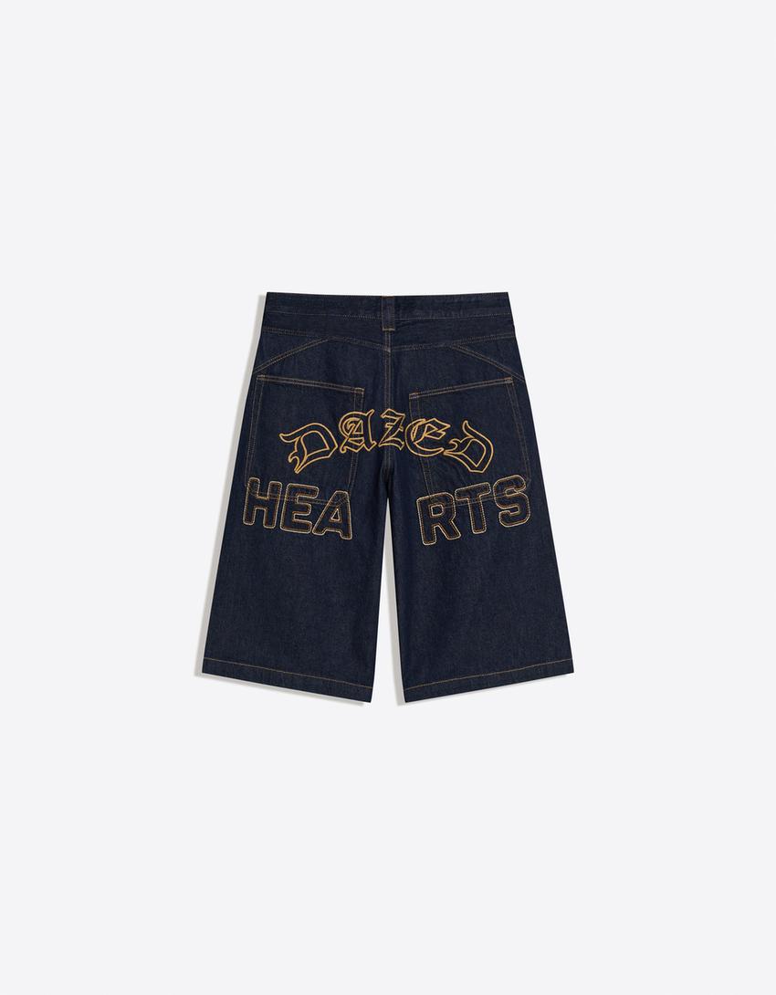 Embroidered denim skater Bermuda shorts-Navy