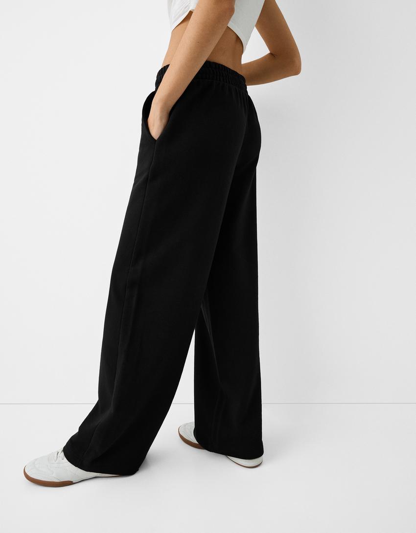 بنطلون من نسيج البلش بساق عريضة-أسود-3