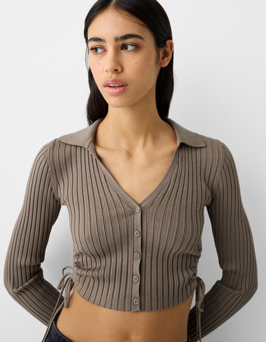 Polo collar cardigan with buttons and gathered side-Sand-5