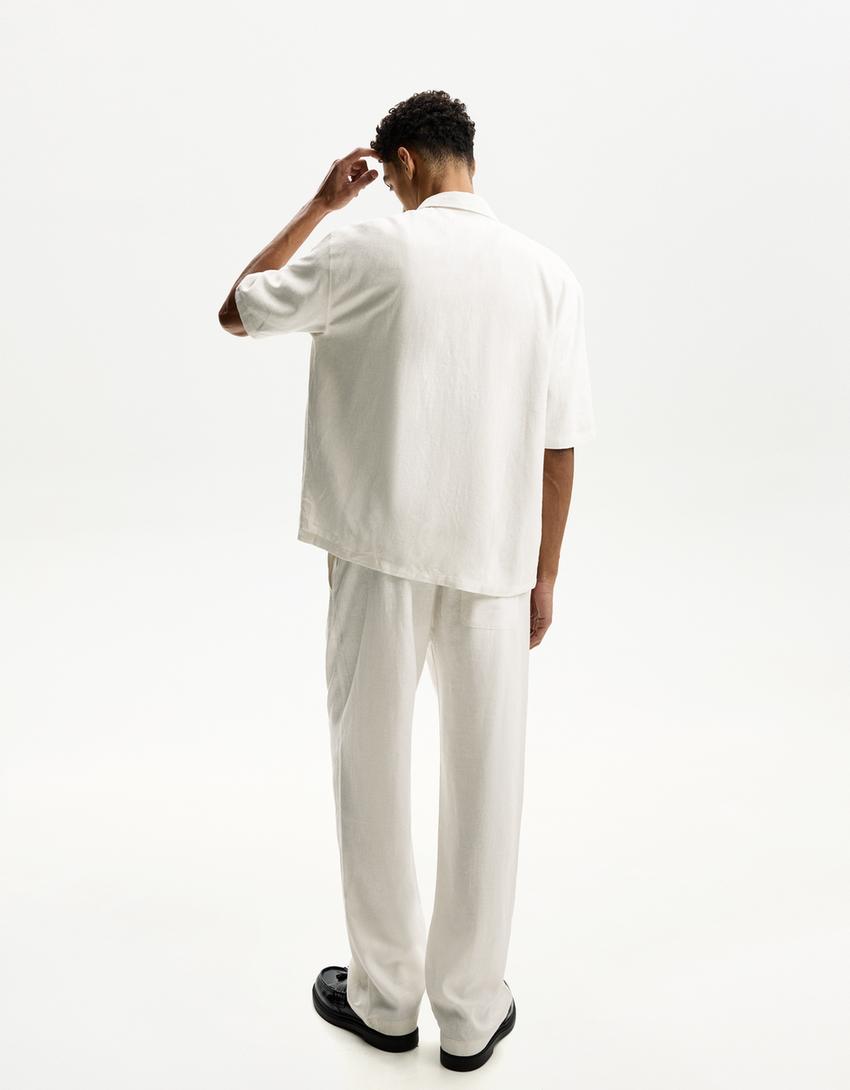 Short sleeve linen blend shirt-White-1