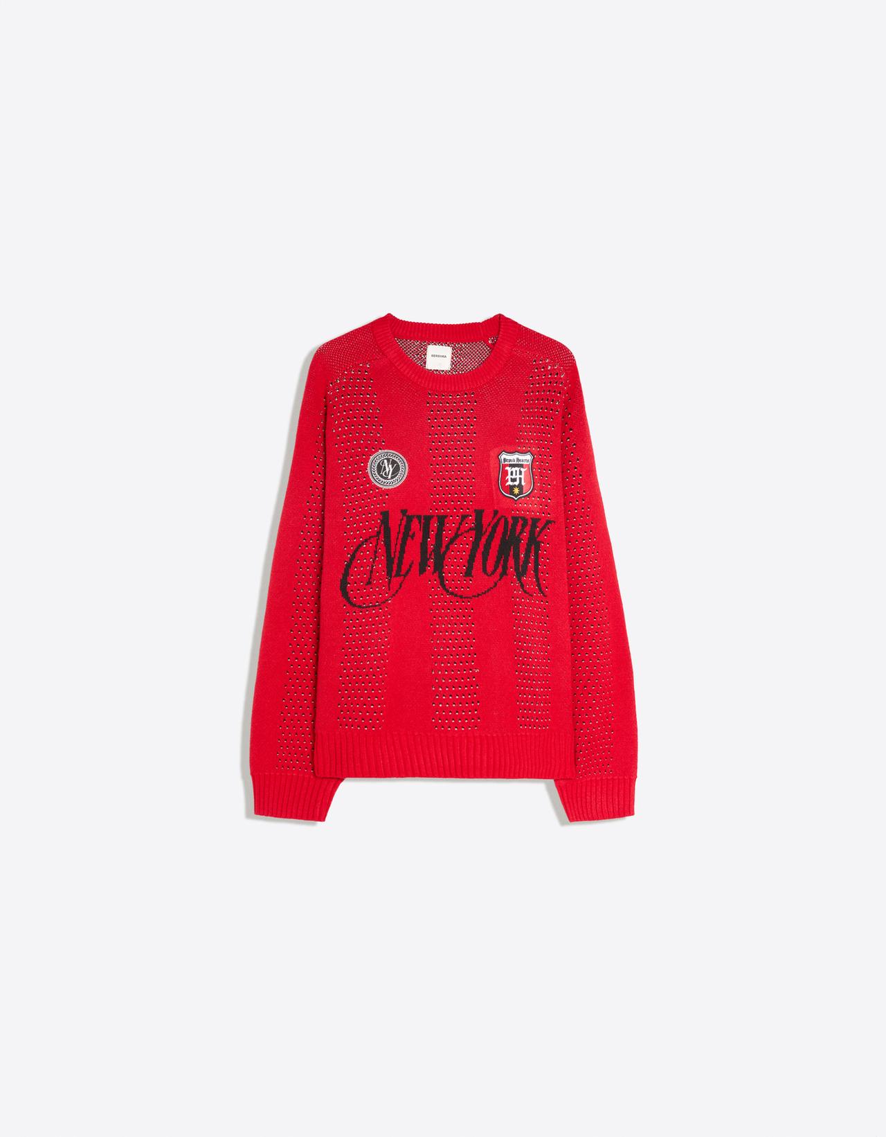 Mesh round neck jumper with patch — Red