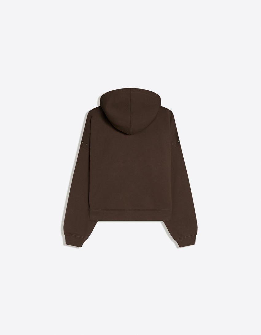 Fermuarlı kapüşonlu zımbalı sweatshirt-Kahverengi