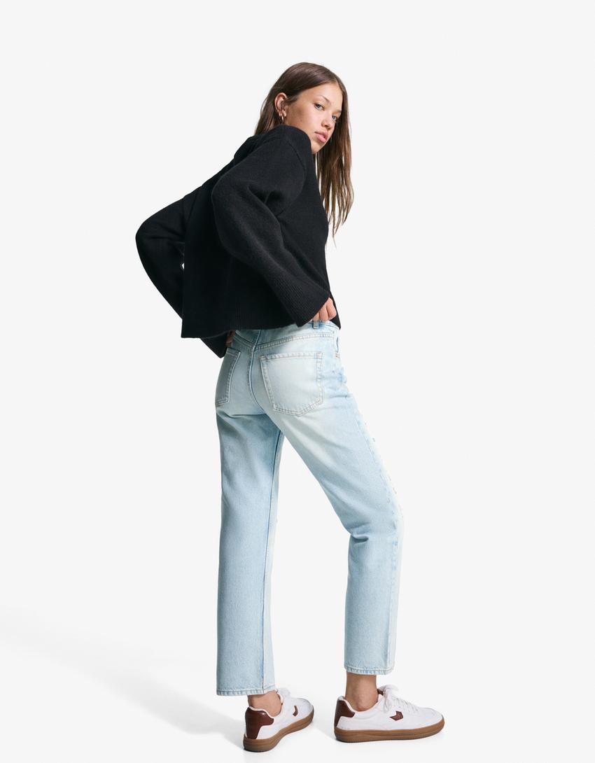 Blugi straight fit cropped rupți-Albastru deschis-2