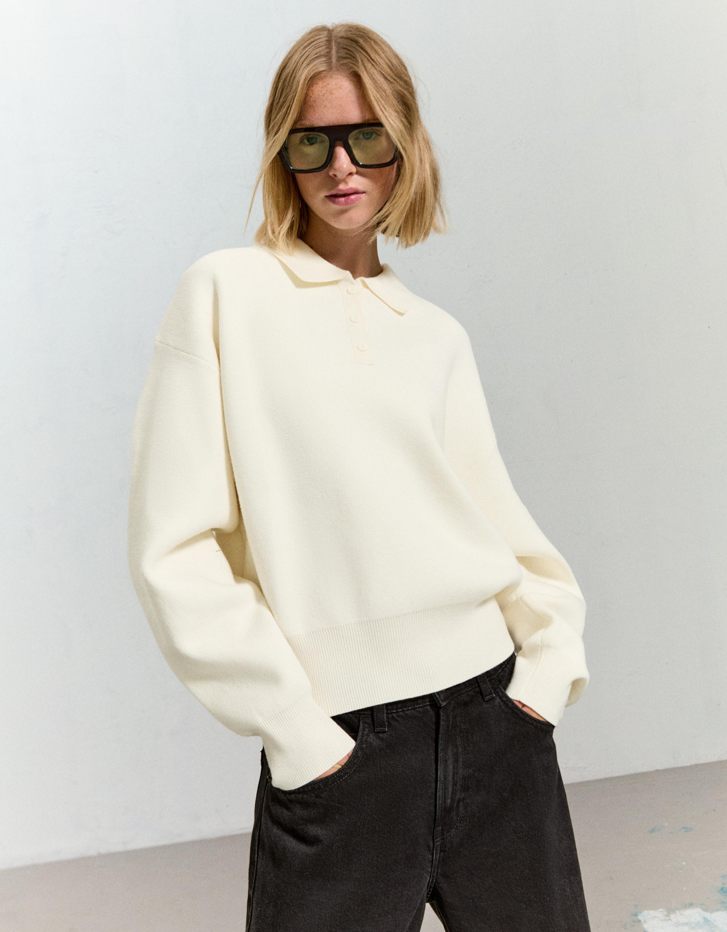 Bershka Pullover Mit Polo-Kragen Damen S Rohweiß
