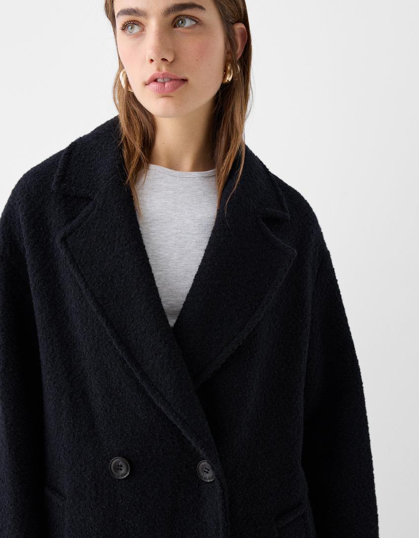 معطف طويل بوكليه بصف أزرار مزدوج-أزرق داكن-3