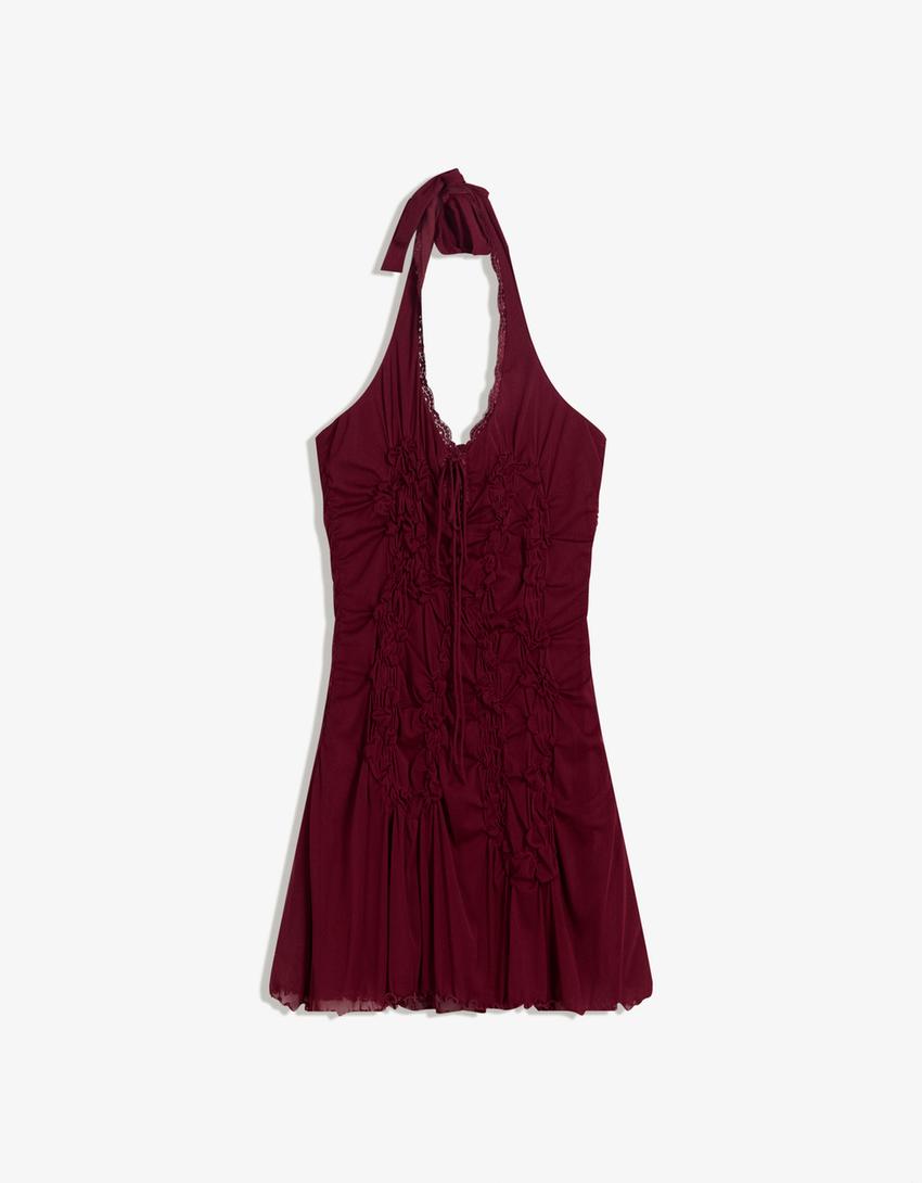 Mini-robe à fronces en dentelle-Grenat