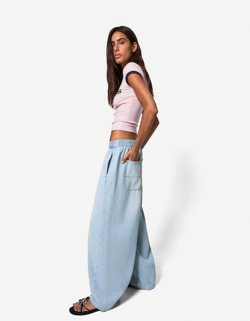 Barrel-Jeans mit Gummibund-Ausgewaschenes Blau-0