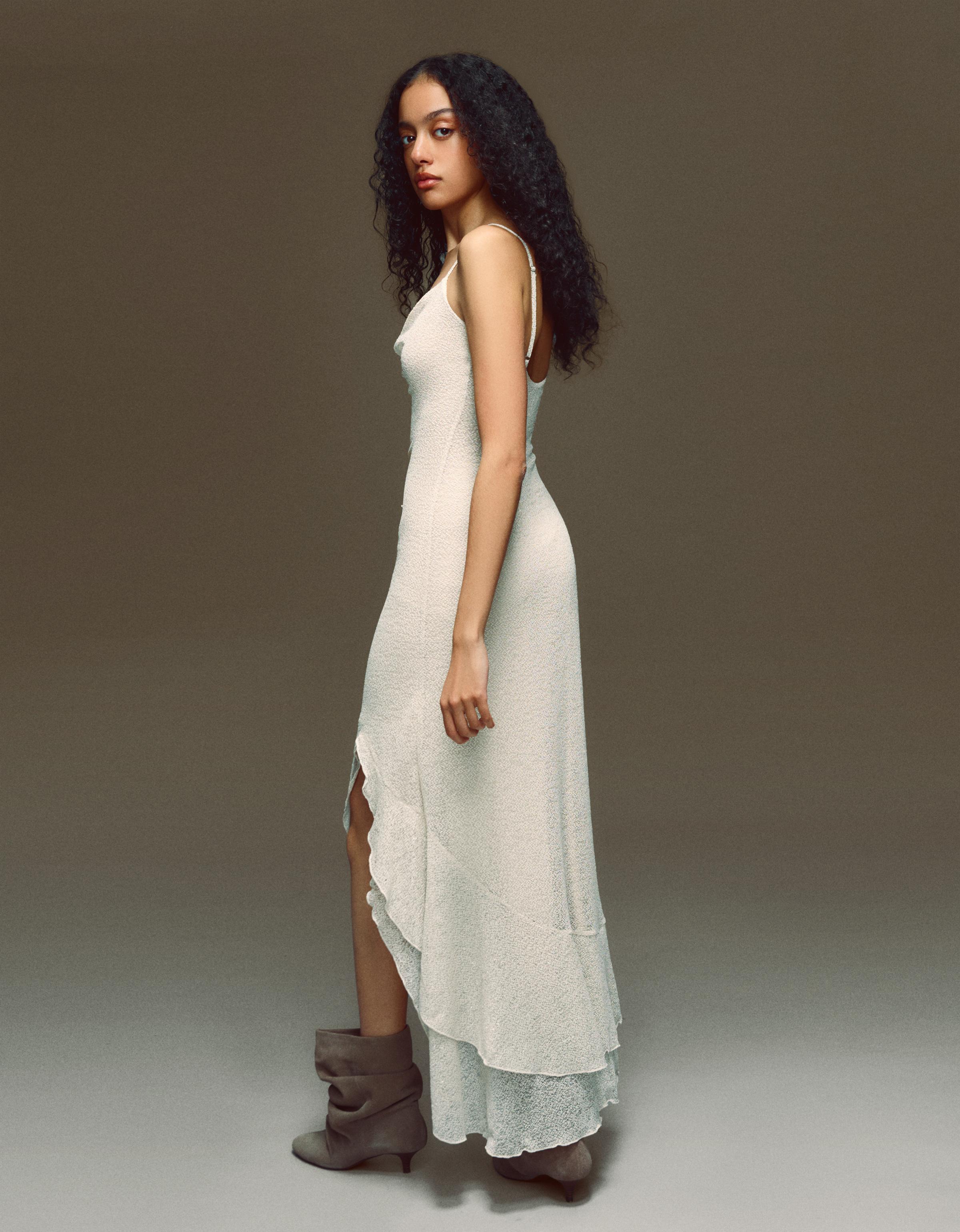 Fırfırlı askılı rustik midi elbise - Görsel 10