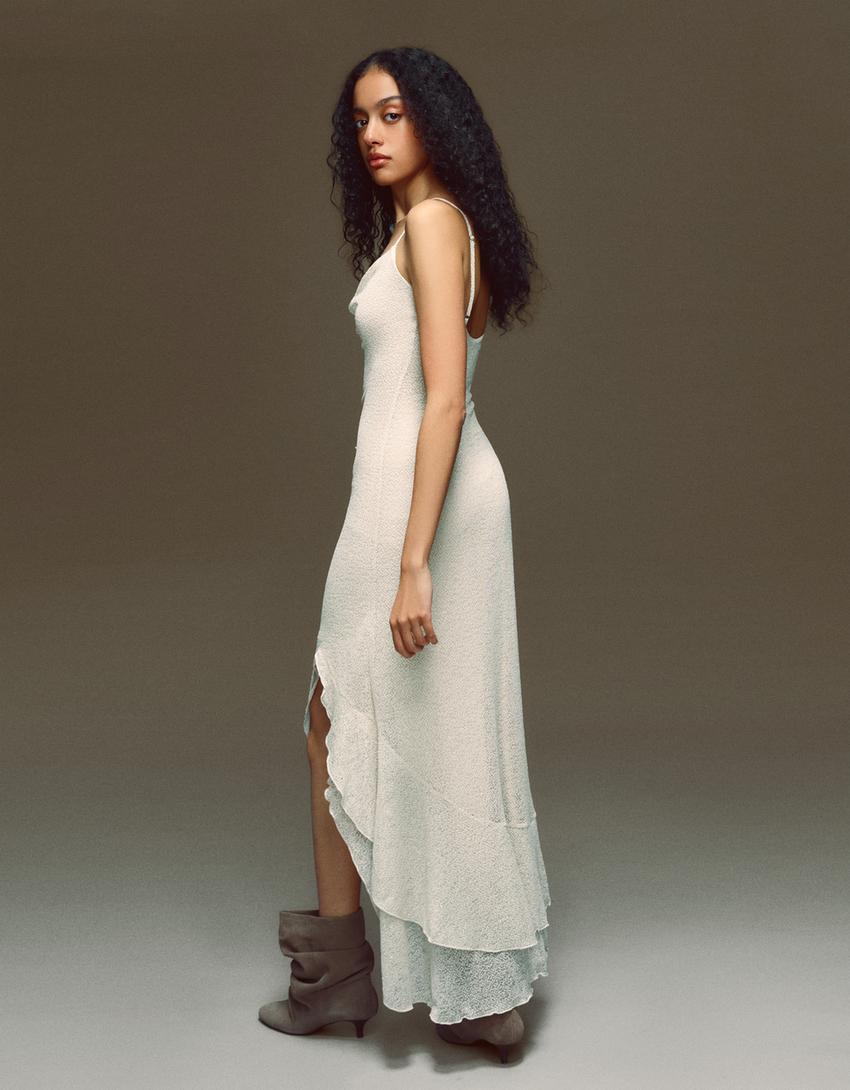 Rustic ruffle midi dress with straps-Sand