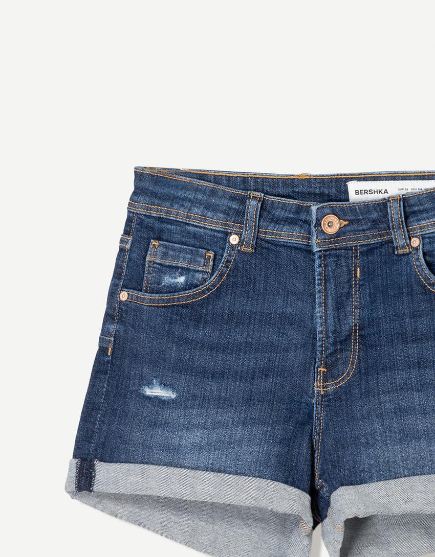 Roll-up denim shorts-Blue