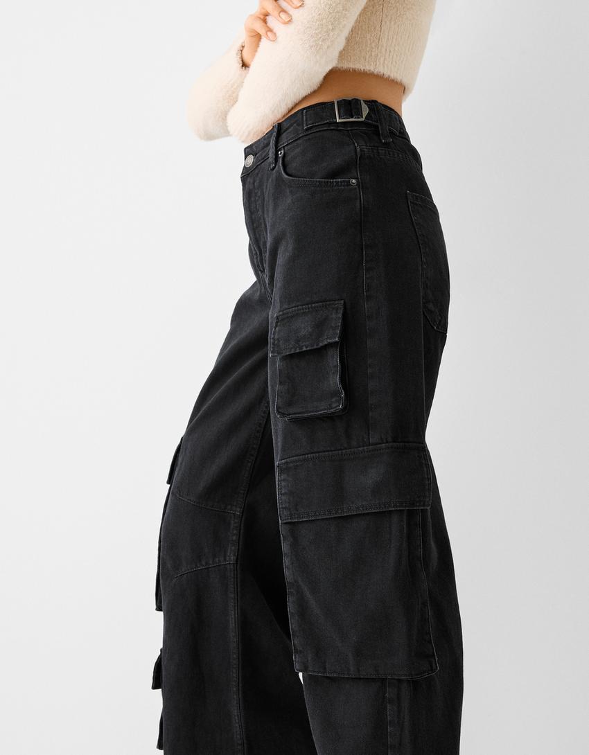 Multi-pocket cargo jeans-Black-3