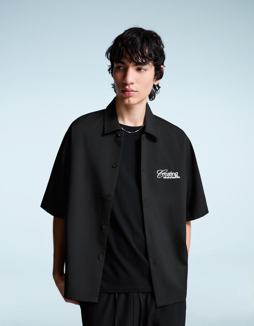 Chemise boxy fit tailoring brodée-Noir