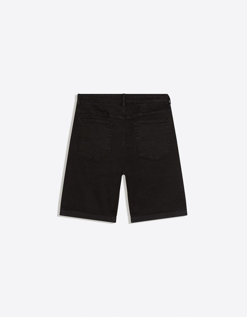 Roll-up denim Bermuda shorts-Black