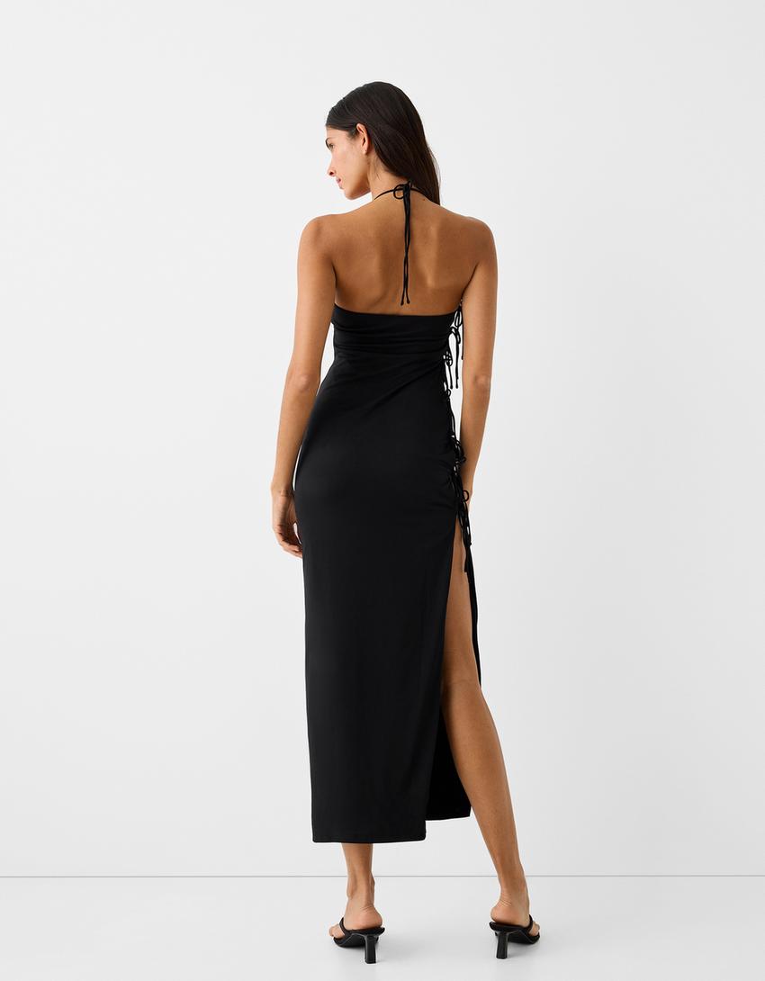 فستان متوسط الطول بحمالات وأربطة جانبية-أسود-2