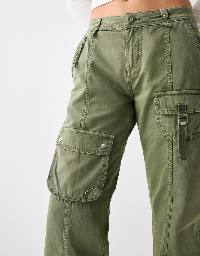 بنطال كارغو قطني بخصر منخفض وشريط-كاكي-5