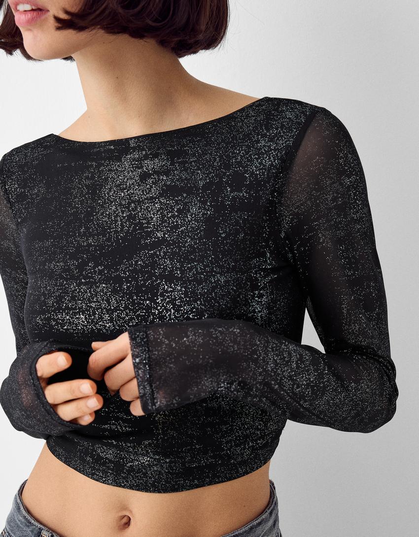 تيشرت ممعدن وأكمام طويلة وفتحة في الخلف-أسود-5