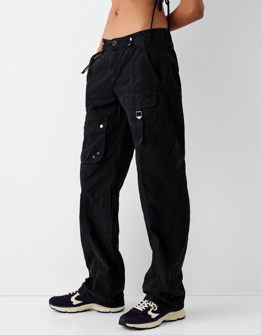 Памучен карго панталон с ниска талия и лента-Черно-1