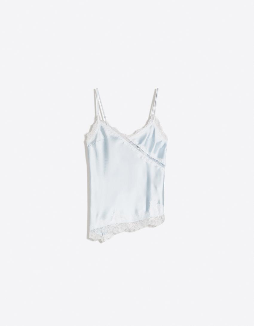 Asimetrik dantelli saten askılı top-Açık mavi