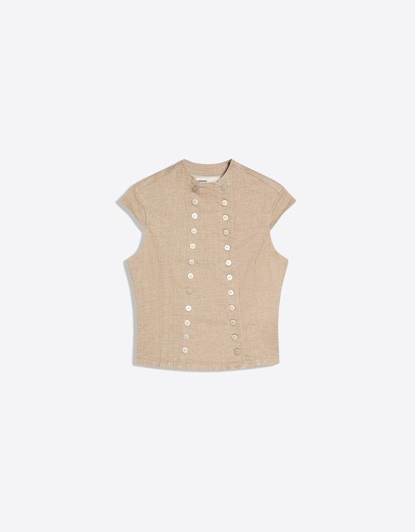 Double-breasted denim top-Camel