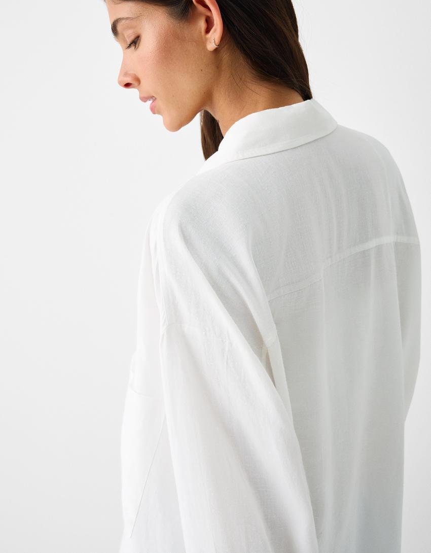 قميص ريفي فضفاض بأكمام طويلة-أبيض مطفي-5
