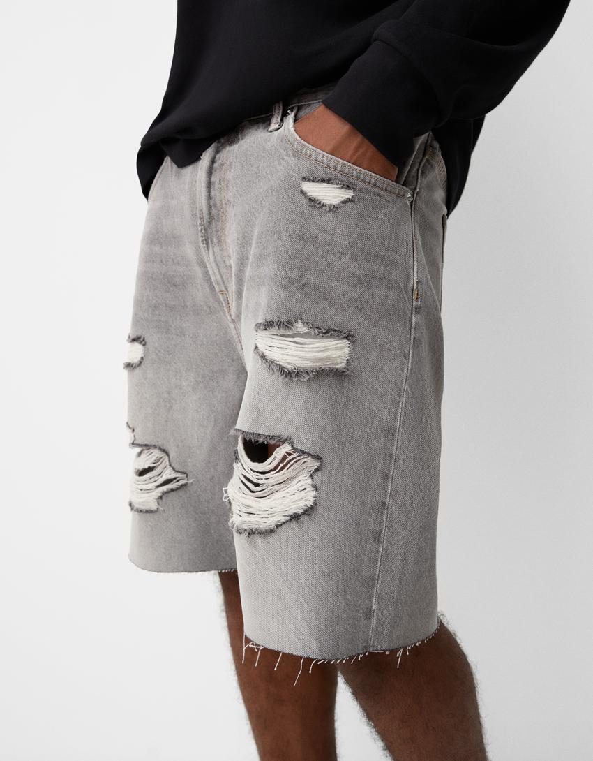 Bermuda denim slim rotos-Gris-3
