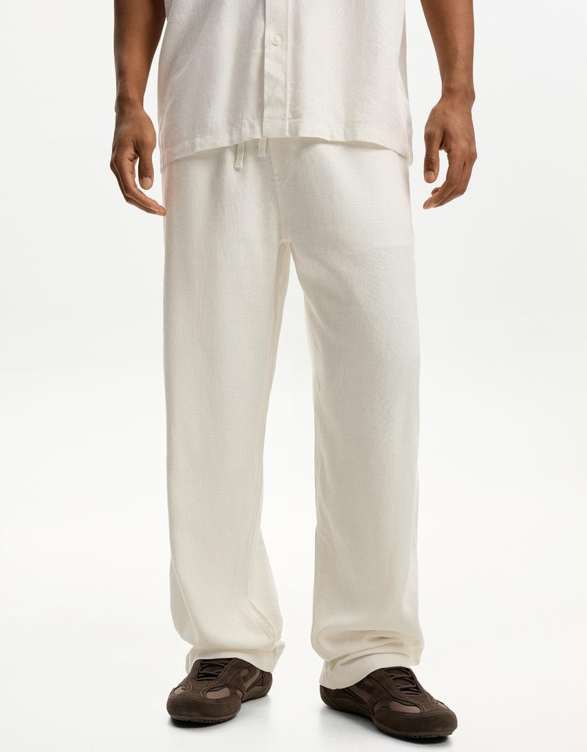 بنطلون رياضي بمزيج كتاني وساق عريضة-أبيض