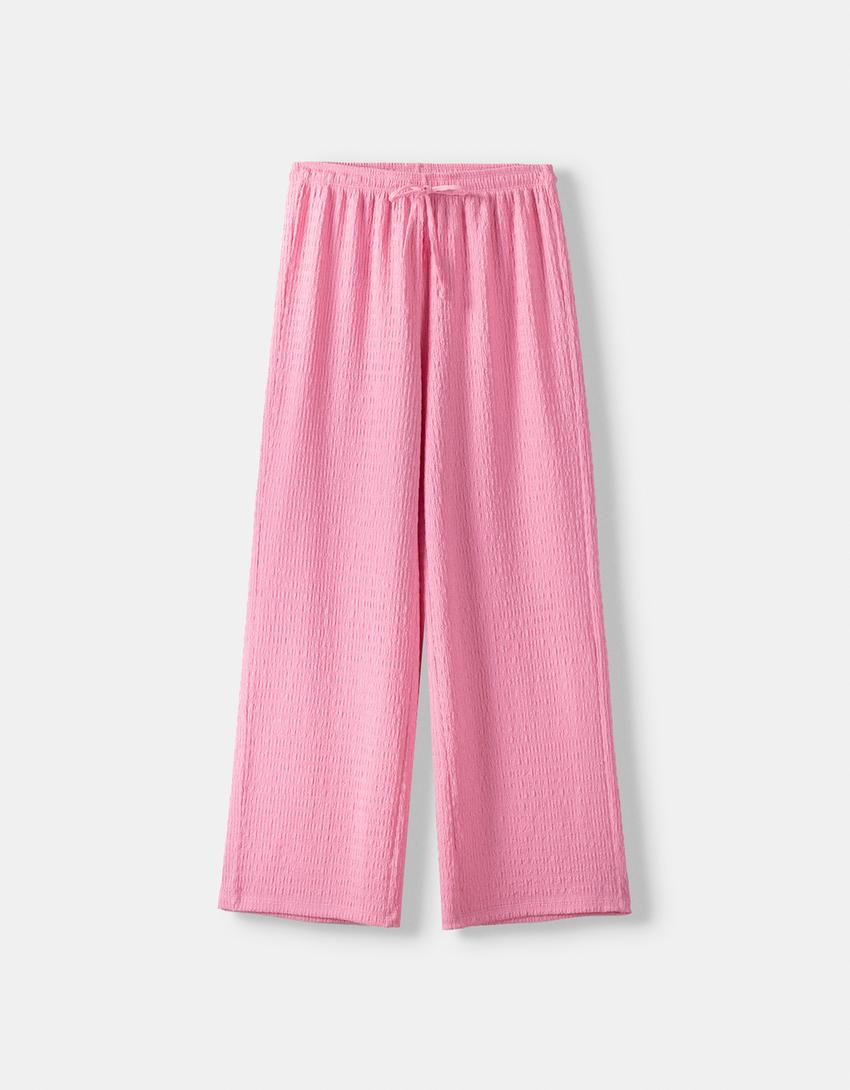 Calças direitas efeito de waffle-Rosa-4