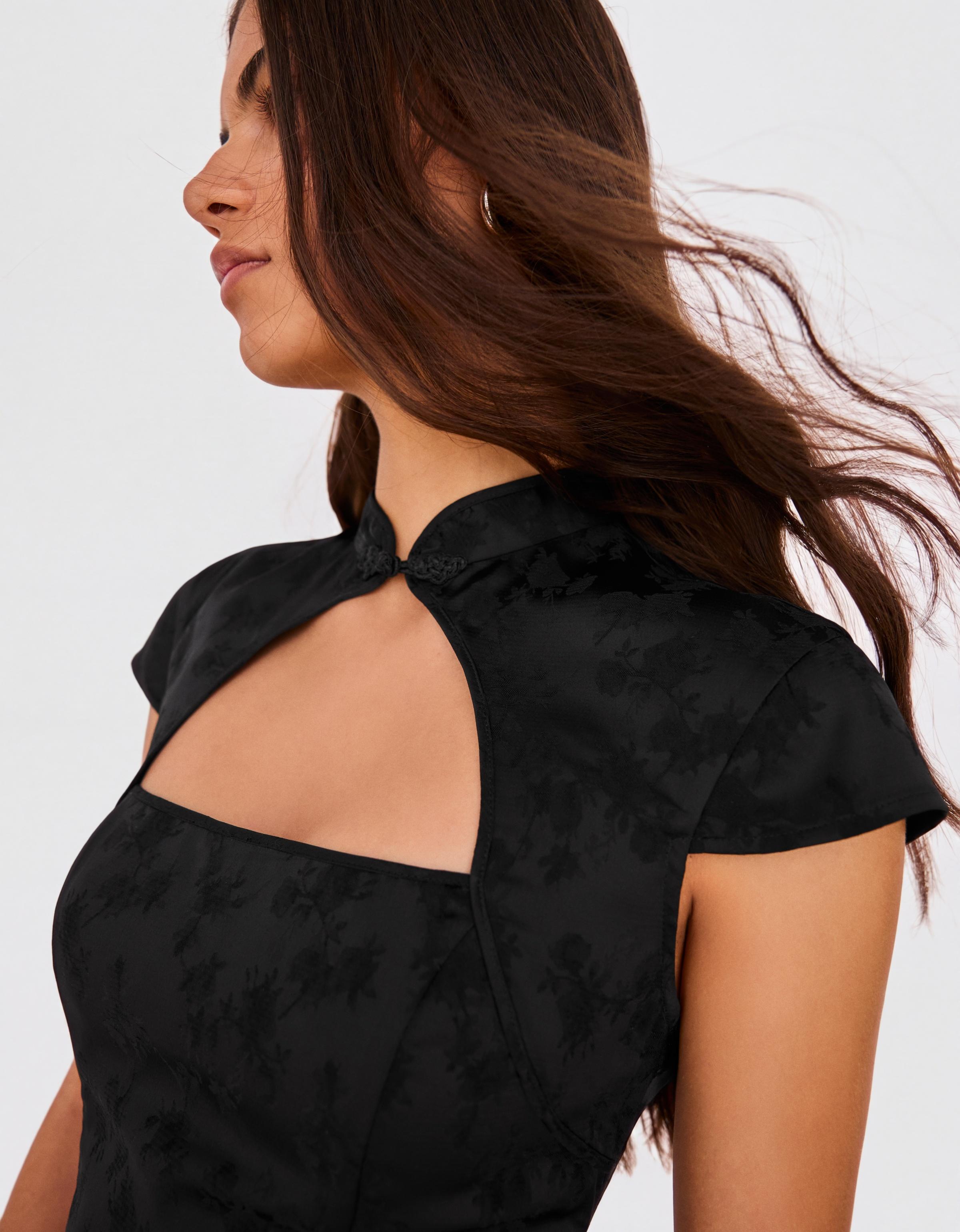 Sateen jacquard midi dress — Black
