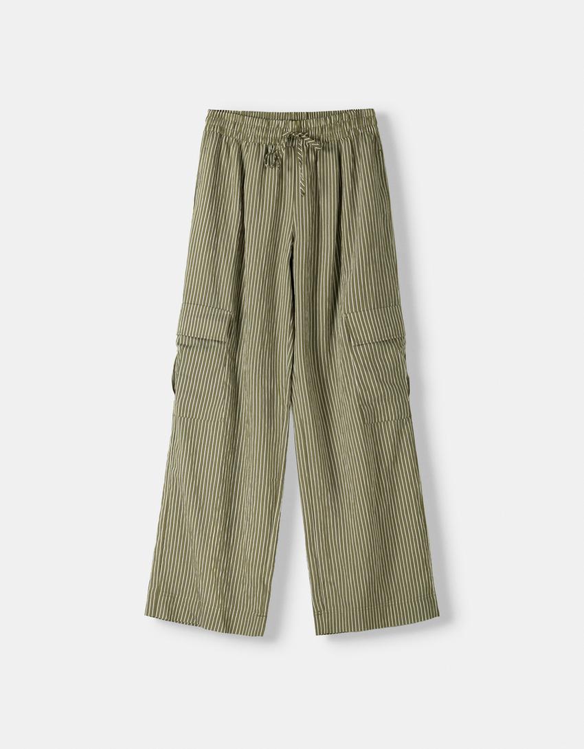 بنطال كارغو مخطط بخصر مرن-كاكي-4