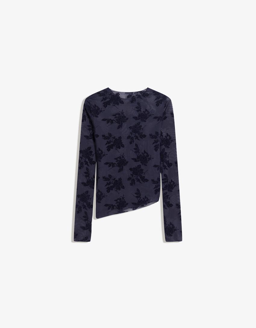 Asymmetrisch T-shirt met tule en lange mouw-Marineblau