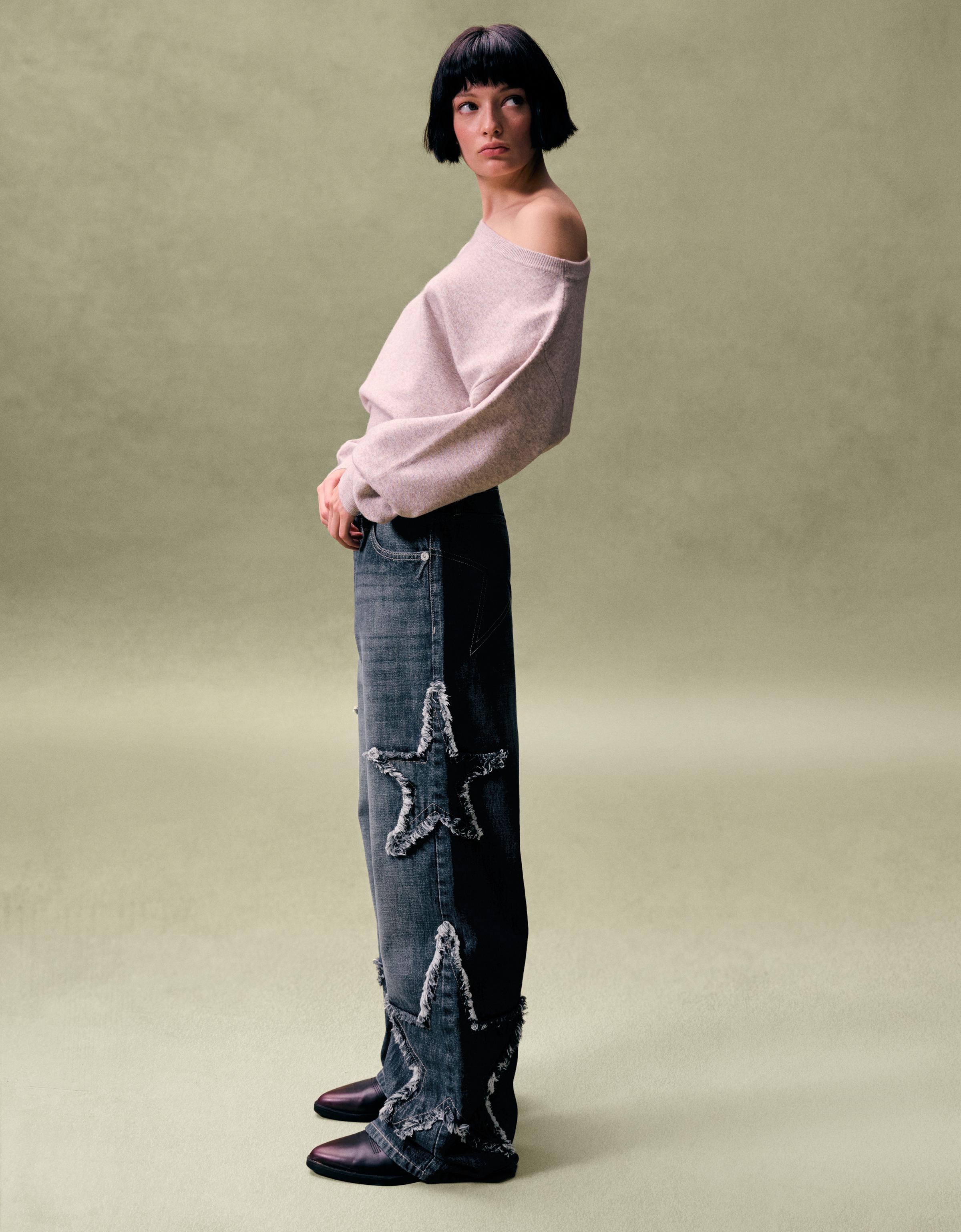 Bershka Baggy Jeans Mit Sternenstickerei Damen 42 Blau