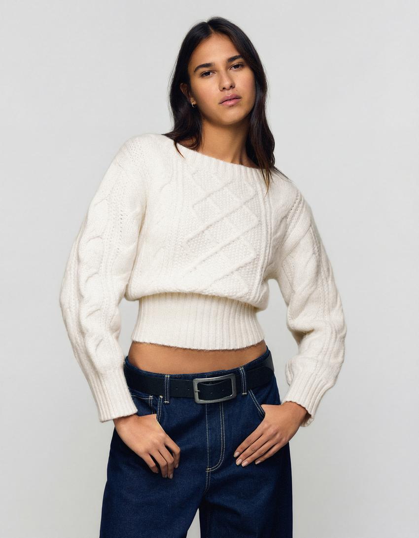 Kabeltrui met boothals-Ecru