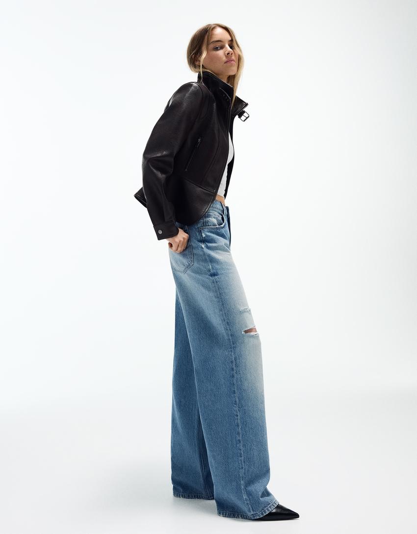 Vintage yıkamalı yüksek bel wide leg jean-Açık mavi