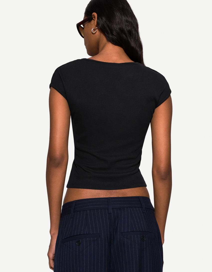 T-shirt met korte mouw en V-hals-Zwart-1