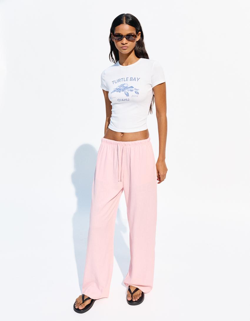 Linen blend trousers with an elasticated waistband-Pink