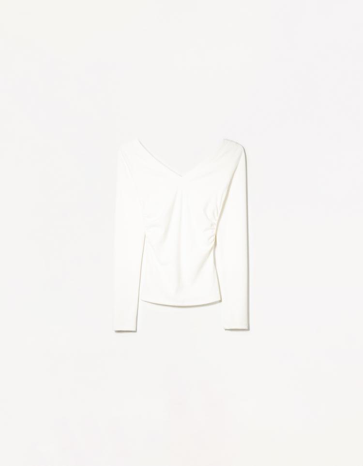Long sleeve T-shirt with gathered V-neck