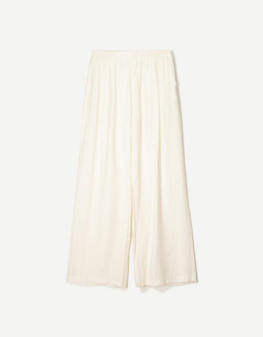Pantalón wide leg fluido textura cordón-Crudo