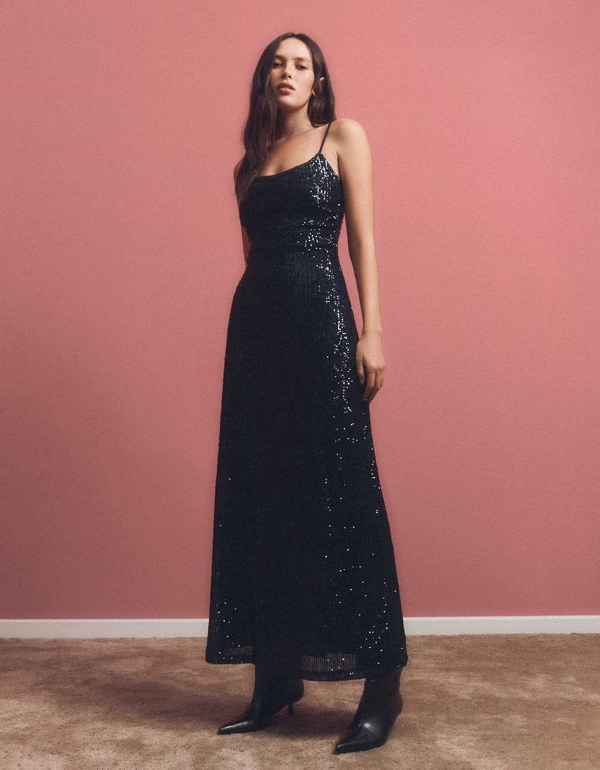 Sequinned midi dress with straps-Dark blue