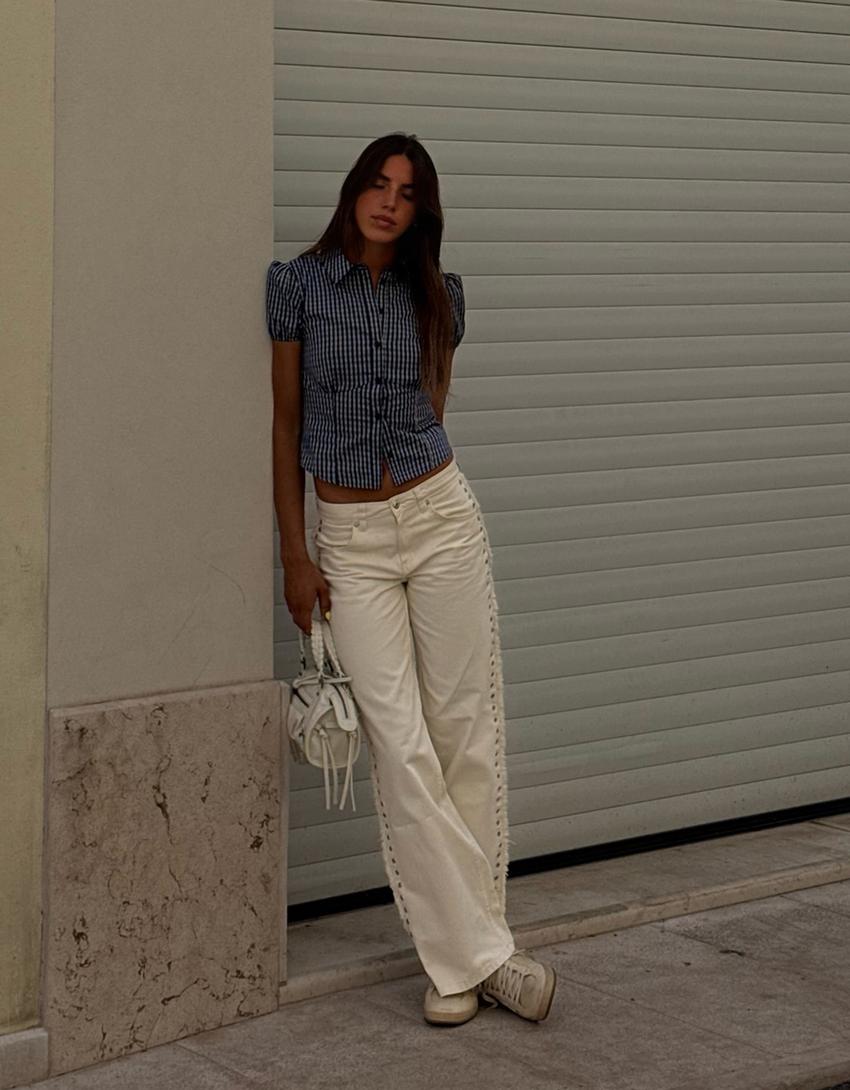 Pantalon droit œillets effiloché-Blanc-1