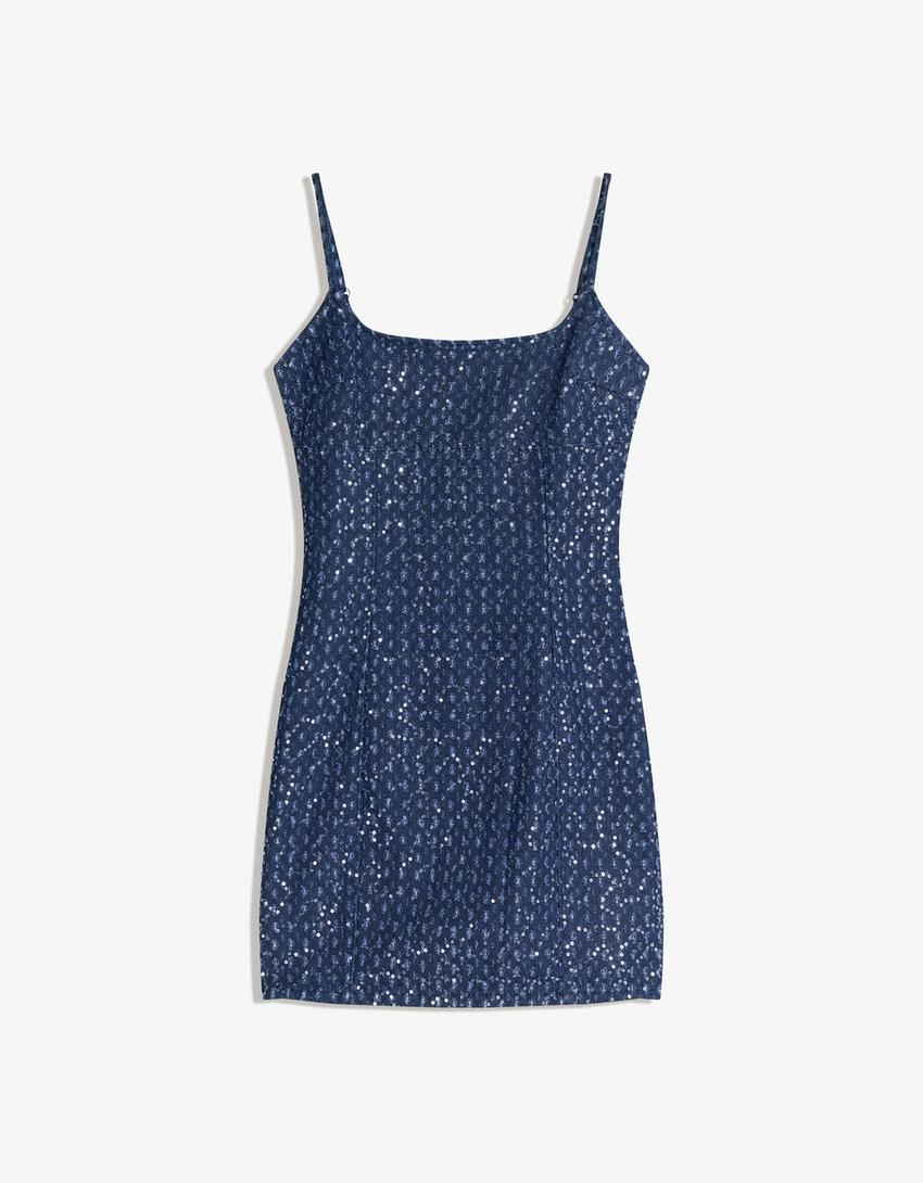 Vestido mini denim lentejuelas-Azul