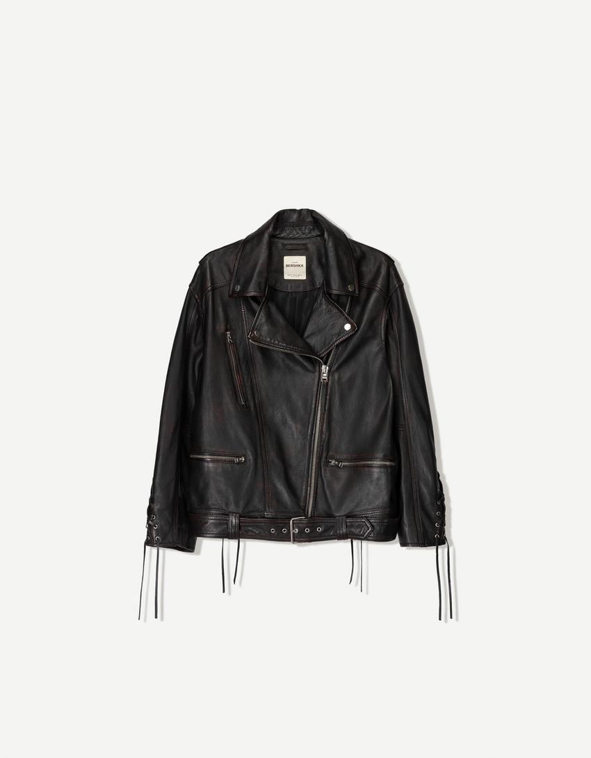Geacă biker piele șnur-Negru-4