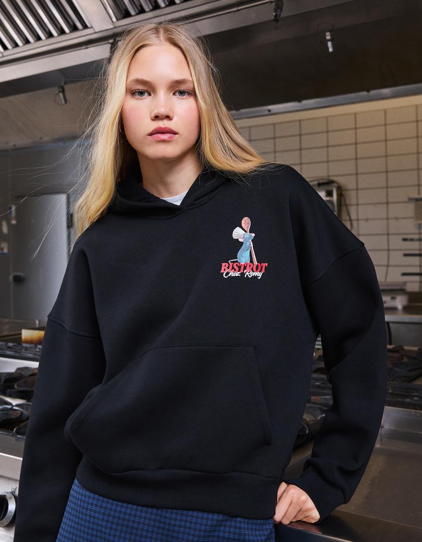 Ratatouille print hood sweatshirt-Black